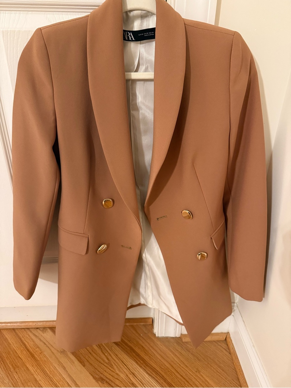 Zara Double-Breasted Tan Blazer with Gold Buttons